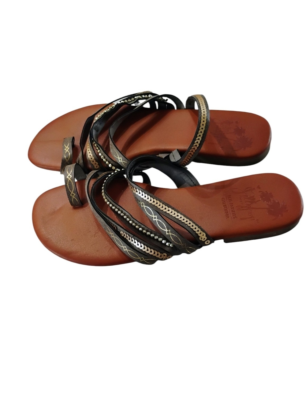 Jellypop Black Multi-Striped Brown Footbed Toe-Loop Sandals 7.5